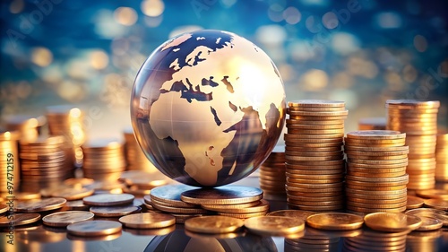 Global Finance Theme, Globe resting on coins ,Represents money and wealth concepts background 