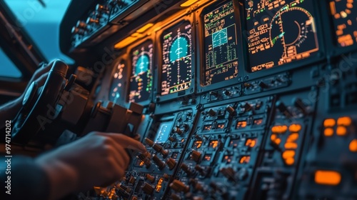 Close-up of the airplane cockpit instruments, focusing on the controls and monitors showing flight data, with hands on the yoke.