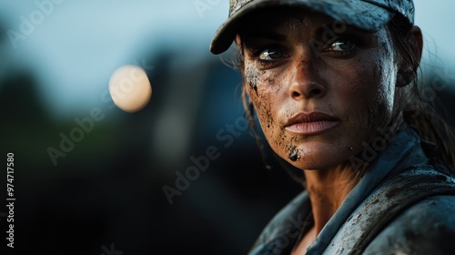 A fierce woman in a cap, mud-smeared and intense, stands resolutely against challenges, embodying courage and raw determination in a competitive setting.