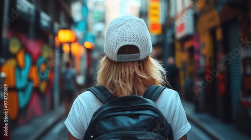 A person with a backpack and a white cap is walking down an urban alley adorned with colorful graffiti on a sunny day, capturing the essence of urban exploration.