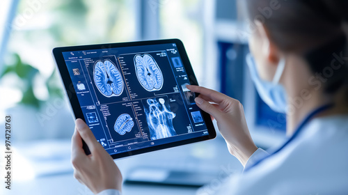 Doctor in a mask reviews detailed brain imaging and X-rays on a tablet, assessing the scans for potential health issues in a clinical environment