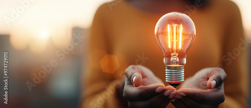 Businesswoman holding a glowing lightbulb over a city skyline, bright idea, innovation in business