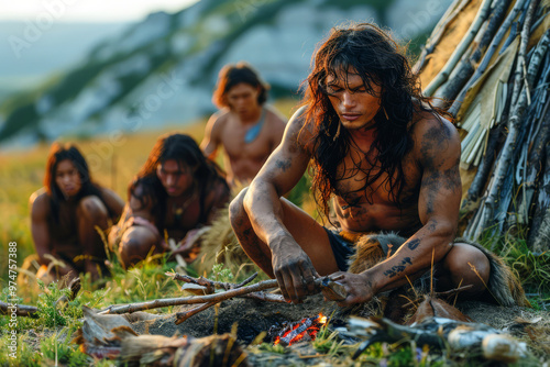 Group of early humans work together to construct a sturdy shelter using branches and animal hides, demonstrating their survival skills in a wild landscape