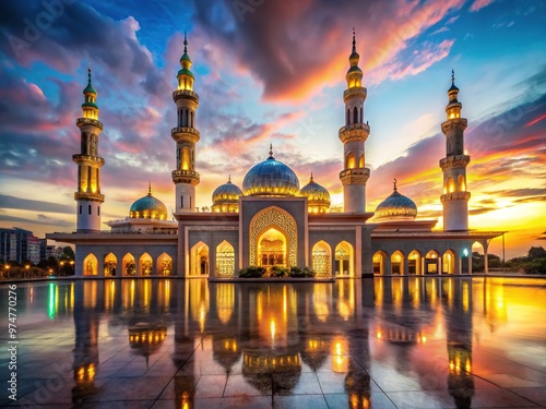 A majestic mosque, beautifully illuminated at sunset, with sparkling lights and ornate architecture, creating a serene and peaceful atmosphere during Ramadan celebrations.