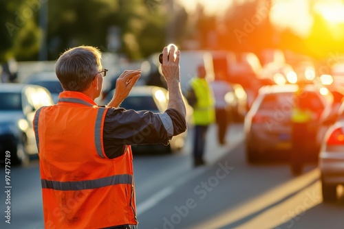 road director using a whistle and hand gestures to direct traffic flow through a crowded event, ensuring safety and efficiency with Copy Space