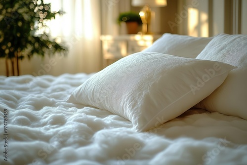 serene closeup of plush white pillow on rumpled bedding soft natural light highlights subtle textures creating inviting atmosphere of comfort and relaxation