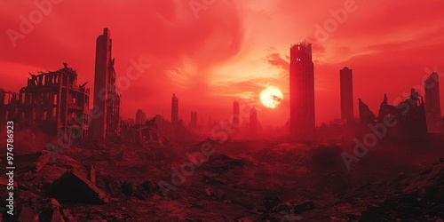 Ruined city under a red sky at sunset.