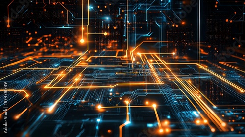 Abstract glowing circuit board with orange and blue lines and glowing points.