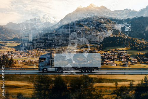 A businessman’s global data sketch merges with a truck journeying on a scenic highway, resulting in a captivating double exposure