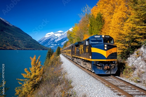 Canadian Autumn Scenic Train Rides visualized in a travel guide, showcasing scenic train routes like the Rocky Mountaineer and VIA Rail during autumn