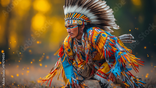 Native American dancer in vibrant regalia performs at powwow. Concept of cultural celebration and tradition