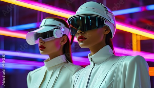 Futuristic fashion showcase with models in sleek white outfits and high-tech visors radiating modern elegance in a neon-lit environment