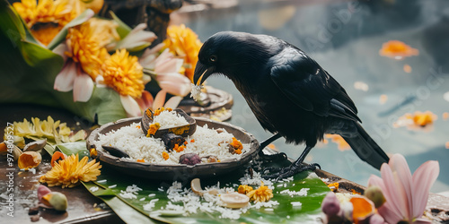 A crow eats rice offerings during the Pitru Paksha ritual, representing ancestral feeding.