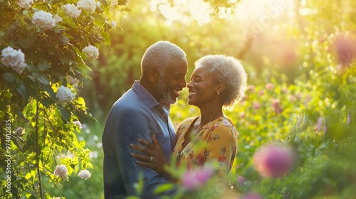 A joyful senior couple laughing together in a sunlit park, surrounded by blooming flowers