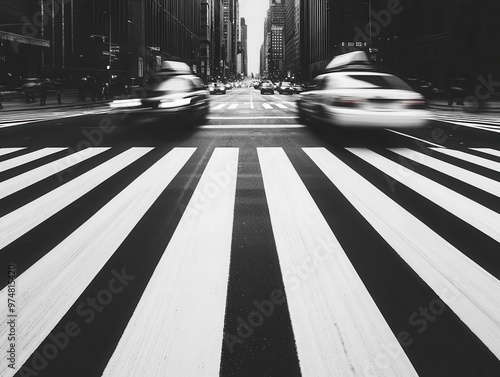 A bustling city intersection with blurred motion from passing cars and pedestrians, in high-contrast black and white city intersection, street photography, monochrome