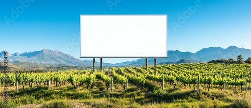 A blank billboard stands in a lush vineyard, surrounded by mountains, offering a serene space for advertising and creativity.