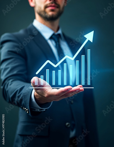 Businessman holding glowing virtual technical graph chart showing business growth and success concept for finance investment and stock market trading analysis