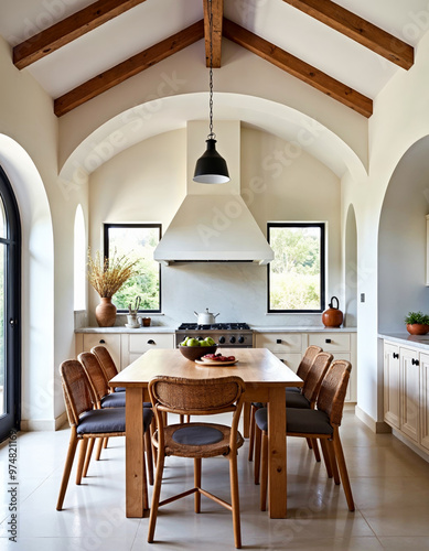 Bright modern kitchen dining room interior wood beams vaulted ceiling arched windows farmhouse table rattan chairs white cabinets natural light home decor interior design neutral colors open plan