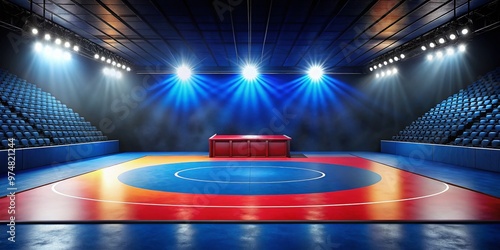 A single, illuminated wrestling mat lies center-frame on a dark background, empty and awaiting athletes, with bold,