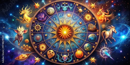 A stylized illustration of the twelve zodiac signs, set against a starry night sky, with colorful symbols and