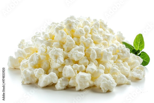 A container filled with creamy cottage cheese on a clean white surface