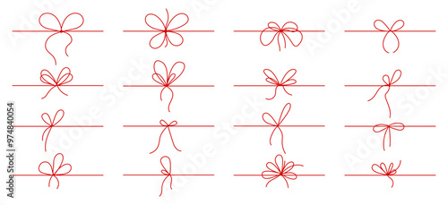 Line gift ribbon border. Red bow gift ribbons minimal line set. Elegant holiday packaging, festive present. Outline frame border sketch. Hand drawn doodle stroke isolated vector illustration.