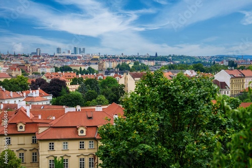 Stunning view of a charming cityscape featuring an array of red-roofed buildings, enveloped by the vibrant green of lush trees, all set against a captivating blue sky dotted with fluffy white clouds.