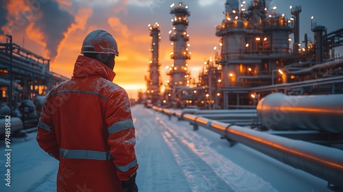 Worker in uniform walking beside the gas pipeline at an oil and gas tank plant, large metal pipes visible on a winter day