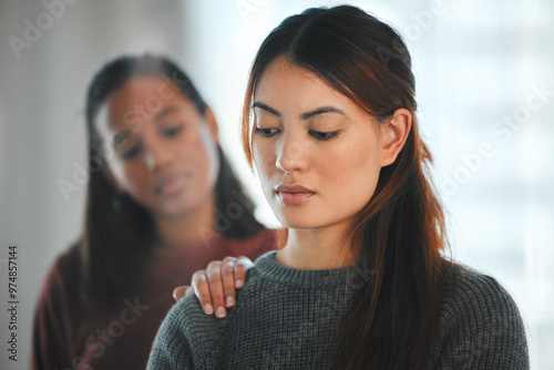 Depression, support and woman with mental breakdown or hand with help, stress and trauma in home. Sad person, anxiety or girl in house with fear or suicide thoughts with solution, sister or friend