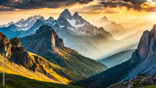 Majestic mountains landscape at sunset