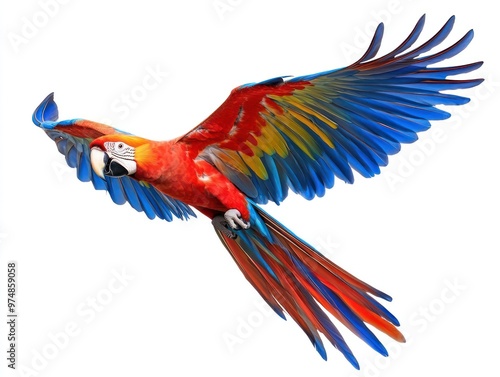 A parrot flying, wings spread, isolate on white background