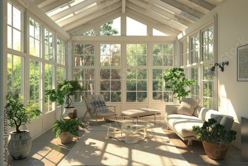 Bright and airy conservatory with a minimalist white decor, surrounded by lush greenery visible through glass panels.