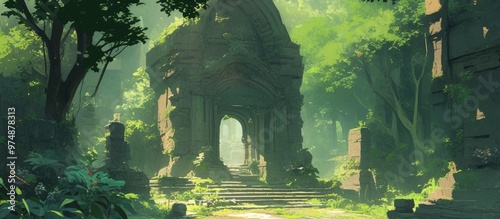 Artistic depiction of the hidden beauty of ancient temple ruins nestled in a lush jungle forest