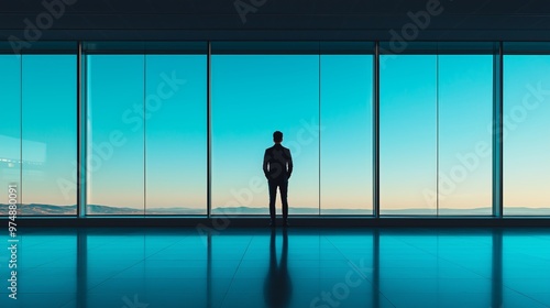 A businessman stands in silhouette, gazing out of large glass windows into the horizon, representing vision, leadership, and ambition.