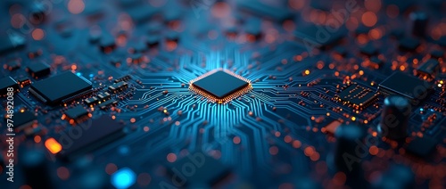 Abstract circuit board futuristic technology processing background digital computer CPU binary microchip processor futuristic computing science hardware in laptop motherboard integration