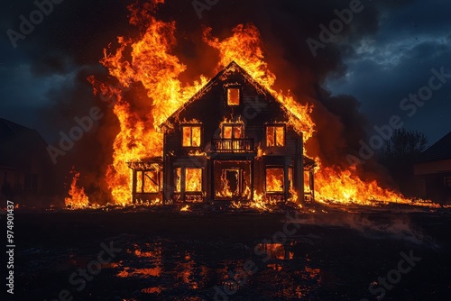 Flames engulf a large two-story house at night, creating a dramatic scene filled with urgency and danger........