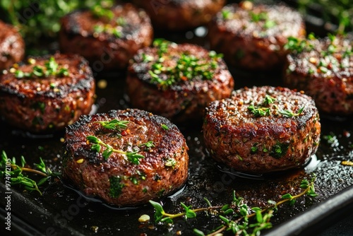 Delicious homemade sausage patties seasoned with fresh herbs resting on baking sheet