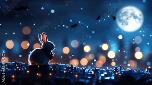 A serene night scene features a rabbit silhouetted against a glowing moon and vibrant city lights, evoking a sense of wonder and peace.