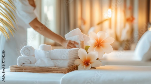 Hands arranging towels and flowers in a serene spa setting. Wellness and relaxation concept with soft focus.