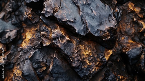 Abstract texture of black and gold rocks. Closeup, macro, detailed surface. Design element for background, wallpaper, or texture