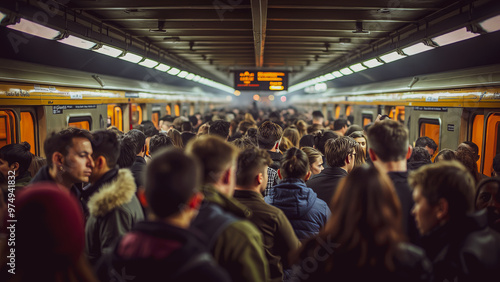 A crowded subway platform filled with commuters during rush hour. People are waiting for trains, showcasing urban life and daily travel routines.