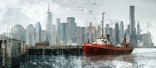 Ship at a pier with a harbor view featuring a skyline of skyscrapers in an urban metropolis Cityscape with water elements and mixed media representation