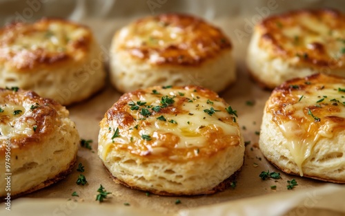 Warm, cheesy biscuits fresh from the oven with melted cheese and herbs sprinkled on top, perfect for any savory snack time