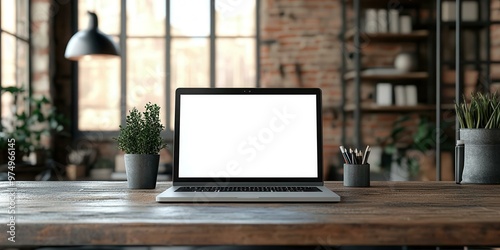 A modern workspace featuring a laptop on a wooden desk with plants and stationery, emphasizing productivity and creativity.