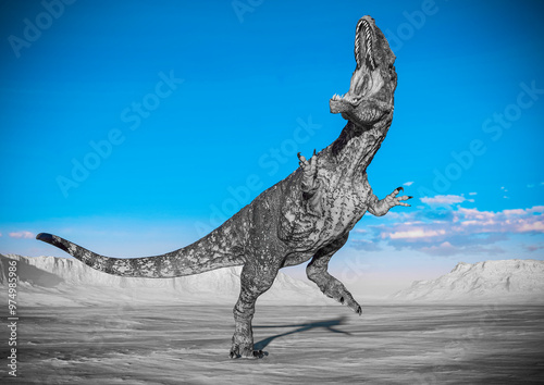 giganotosaurus is doing a fight pose on sunset desert