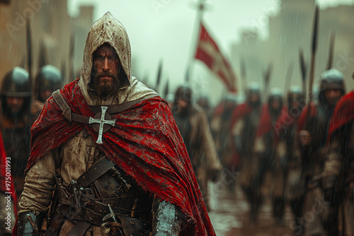 A group of crusaders marching under a banner adorned with a cross. Concept of religious wars and the Crusades.