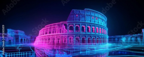 Digital Coliseum glow, neon holographic ruins, futuristic Rome landscape