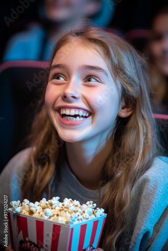 A Caucasian teenage girl, full of joy, munching on popcorn while watching a funny movie in a cozy cinema. Her bright smile lights up the theater.