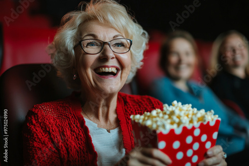 A Caucasian senior woman, cheerful and lively, munching on popcorn while watching a comedy in the cinema. Her laughter is contagious as she enjoys the movie.