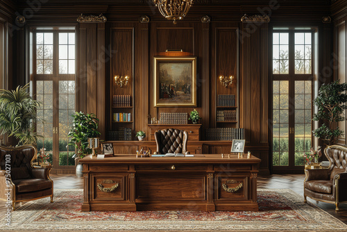 A home office styled as a royal council chamber, with large wooden desk and regal furnishings, representing professional authority. Concept of work.